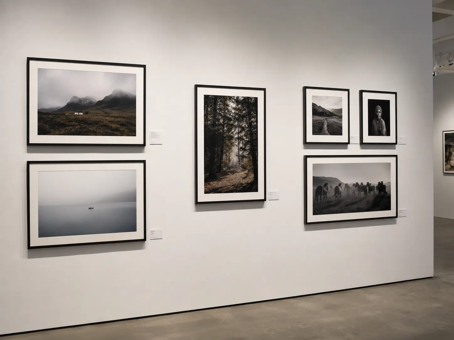 Photography art labels displayed beside framed artworks in a gallery.webp